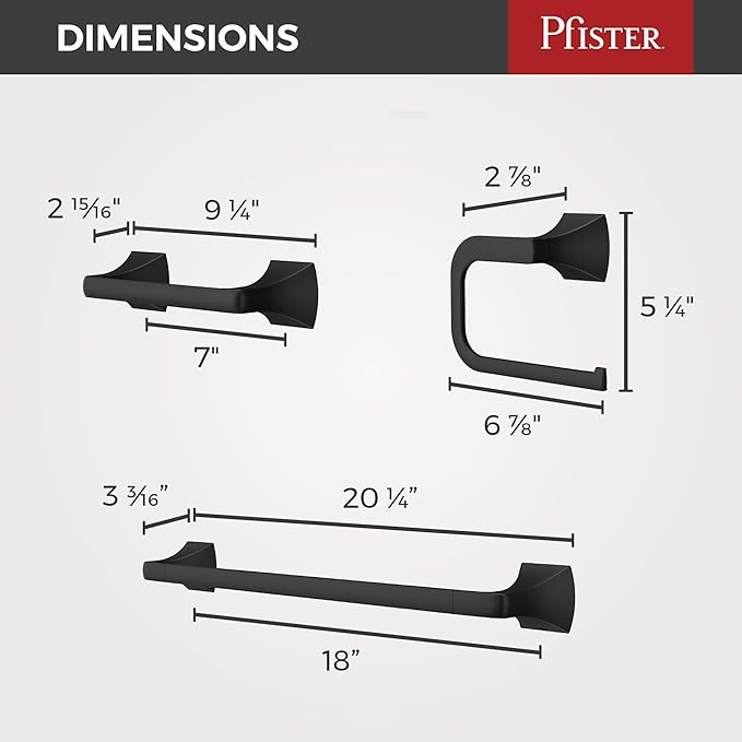 Pfister Bruxie 3-Piece Bathroom Hardware Set with Towel Bar, Towel Ring, and Toilet Paper Holder, Wall-Mounted, Matte Black Finish, BTBBIE3B