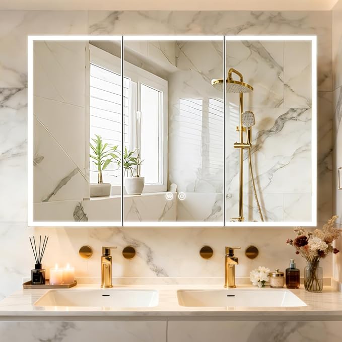 LED Medicine Cabinet,48x32inch,Recess Mirror Cabinet for Bathroom,3 Color,Dimmable,Demister, Detachable Side Panel for Recess Mount or Surface Mount,USB Shaver Socket, Internal Lighting