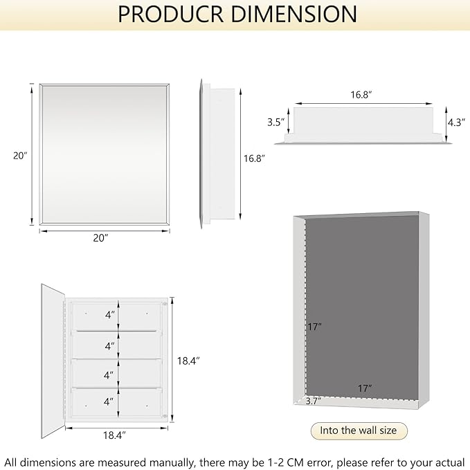 20"x20" Medicine Cabinet,HD Bathroom Mirror Cabinet with Beveled Mirror,Removeable Shelves, Recessed and Surface Mount,Frameless Bathroom Mirror with Storage