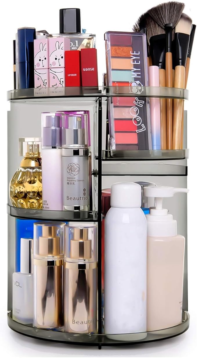 sanipoe 360 Rotating Makeup Organizer, Spinning Skincare Organizer,Cosmetic Display Case with Brush Holder Perfume Tray, Multi-Function Storage Carousel for Vanity Bathroom Countertop
