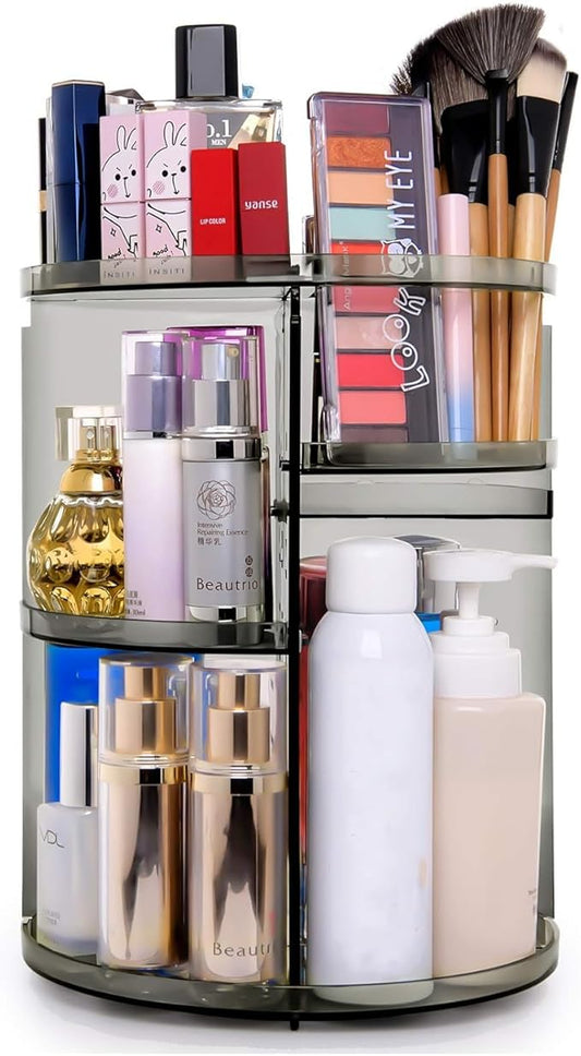 sanipoe 360 Rotating Makeup Organizer, Spinning Skincare Organizer,Cosmetic Display Case with Brush Holder Perfume Tray, Multi-Function Storage Carousel for Vanity Bathroom Countertop
