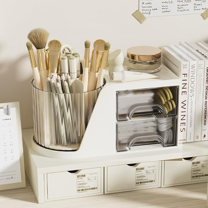 KHNR Makeup Organizer for Vanity, Vanity Organizer with 2 Drawers and Rotating Brush Holder, Bathroom Organizer Countertop, Cosmetic Organizer for,Lipsticks,Nail Polish (White)