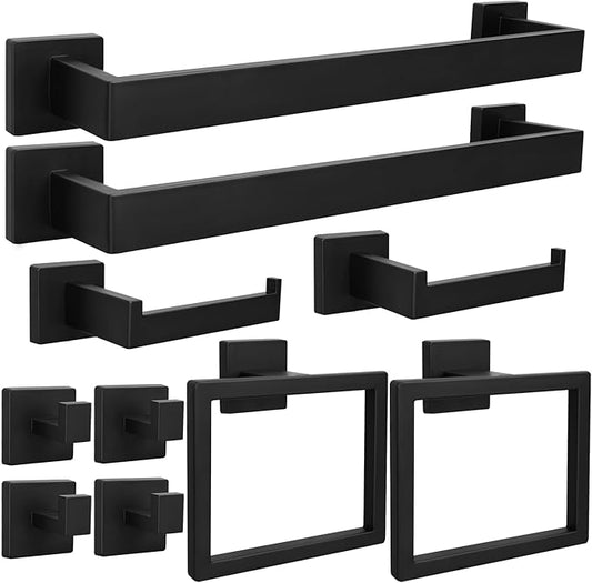 10pcs Bathroom Hardware Set, 16in Towel Bar Set, Including Square Towel Bar Square Towel Ring Toilet Paper Holder Towel Hooks, Set SUS304 Stainless Steel, Wall Mounted