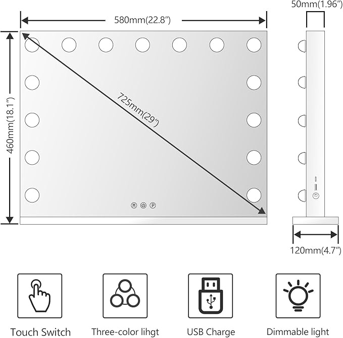 Gvnkvn 22.8 x 18.2 Vanity Makeup Mirror with Lights, 10X Magnification,Large Hollywood Lighted Vanity Mirror with 15 Dimmable LED Bulbs, USB Charger Port, Tabletop or Wall-Mounted Gold