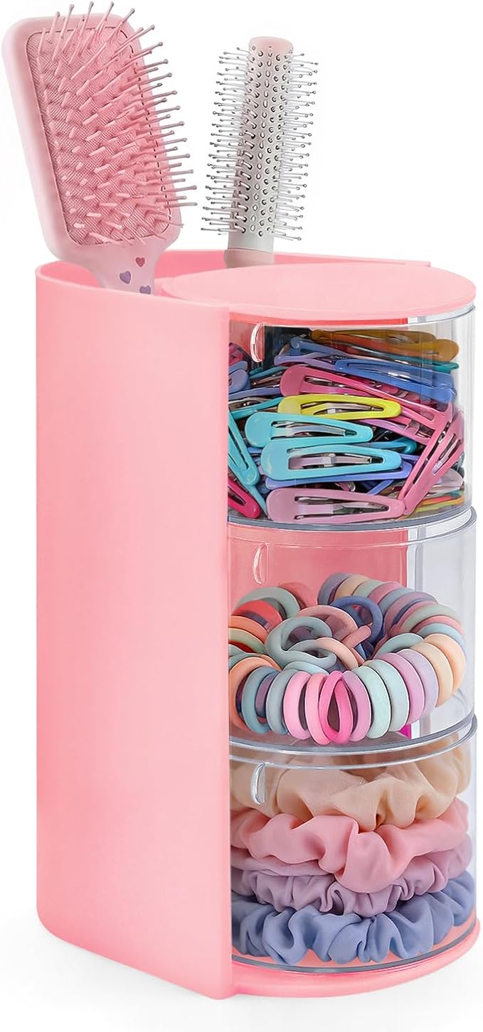 neotidy Hair Accessories Organizer with Hair Brush Holder, Rotating Hair Tie Product Organizer for Girls, 3-Tier Makeup Brush Holder for Clips, Bows & Brushes (Pink, 3-Tier)