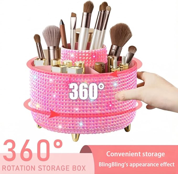Bling Makeup Brush Holder,360° Rotating Makeup Brush Organizer,5 Slot Make up Brushes Cup for Cosmetics,Large Capacity,For Nail Polish, Art Supply, Bathroom Vanity,Cosmetics Organizer,Diamond Pink