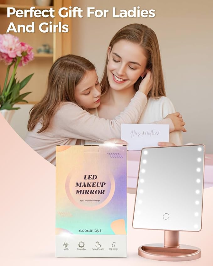 Lighted Makeup Mirror with Lights, Vanity Mirror with Lights, 16 LEDS Dimmable Desk Mirror with Light, Dual Power Supply, Gifts for Teenage Girls, Dorm Room Essentials for College Student (Rose Gold)