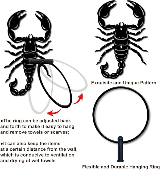 MAYJOYDIY Scorpion Metal Towel Ring Round Reptile Hand Towel Holder Ring Hanger Wall Mount Black Vintage Towels Wall Organizer for Kitchen Bath Home Laundry Room Decors Gifts