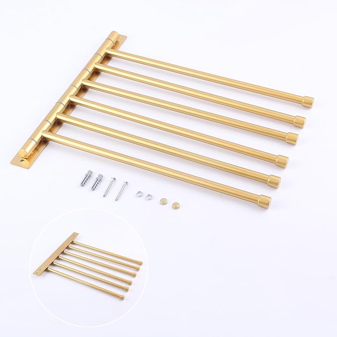GERZWY Bathroom Swing Arm Towel Bars Wall Mount Bath Towel Rack with 6 Arms Hanger Towel Holder Organizer Stainless Steel Gold Finished HYG06-BE