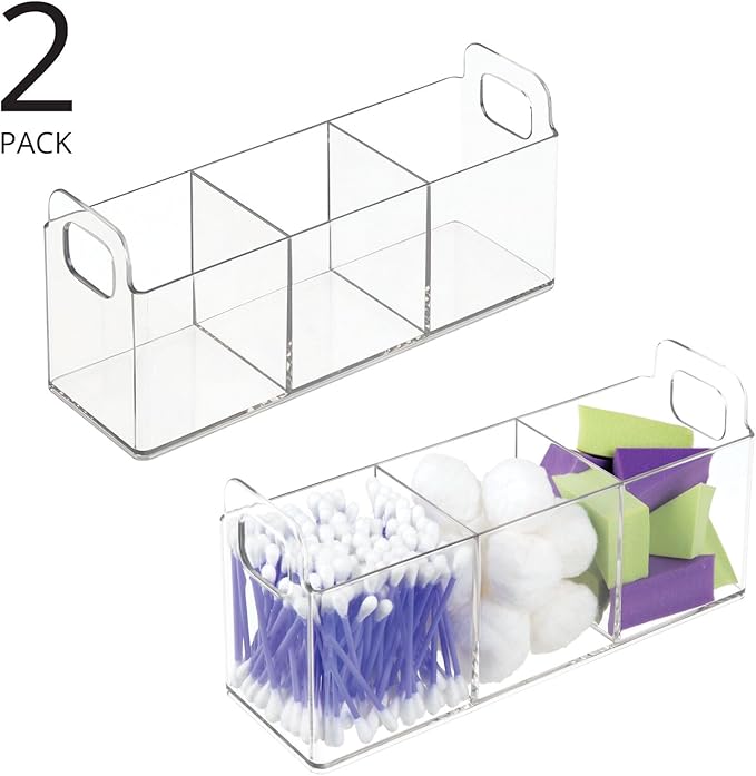 mDesign Plastic 3-Compartment Bathroom Organizer Storage Bin - Divided Makeup Caddy and Hair/Beauty Product Holder Tray - Perfect for Vanity, Counter, and Cabinet - Lumiere Collection, 2 Pack, Clear