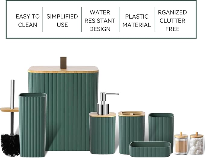 Bathroom Set - 9PCS Green Bathroom Accessories Set Toilet Brush Holder Set Soap Dispenser Decorative Countertop Bathroom Accessory Set with Trash Can Bathroom Decor Set for Home, Restroom