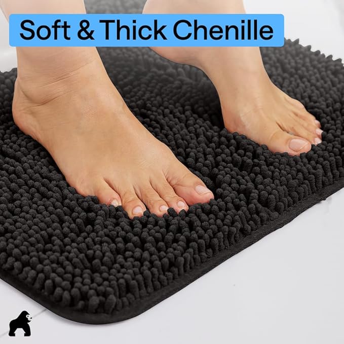 GORILLA GRIP Bath Rug Mat 54x24, Thick Soft Absorbent Chenille, Quick Dry Microfiber Mats, Rubber Backing Washable Shower Floor Rugs, Bathmat Runner, US Designed Bathroom Home Decor Accessories Black