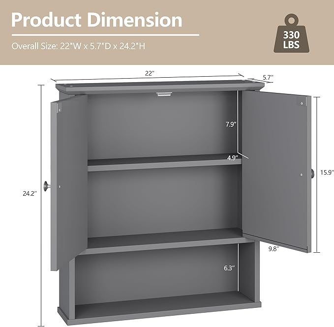 Meilocar Bathroom Wall Cabinet with Mirror, Bathroom Mirror Cabinet Wall Mounted, Over Toilet Medicine Cabinets with Adjustable Shelf, Large Capacity, Grey