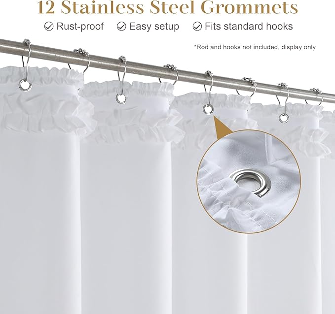 White Ruffle Shower Curtain, Girls Women Fabric Shower Curtain with Delicate Handcrafted Ruffles, Waterproof Ruched Farmhouse Decorative Bathroom Curtain, 72" W x 72" H