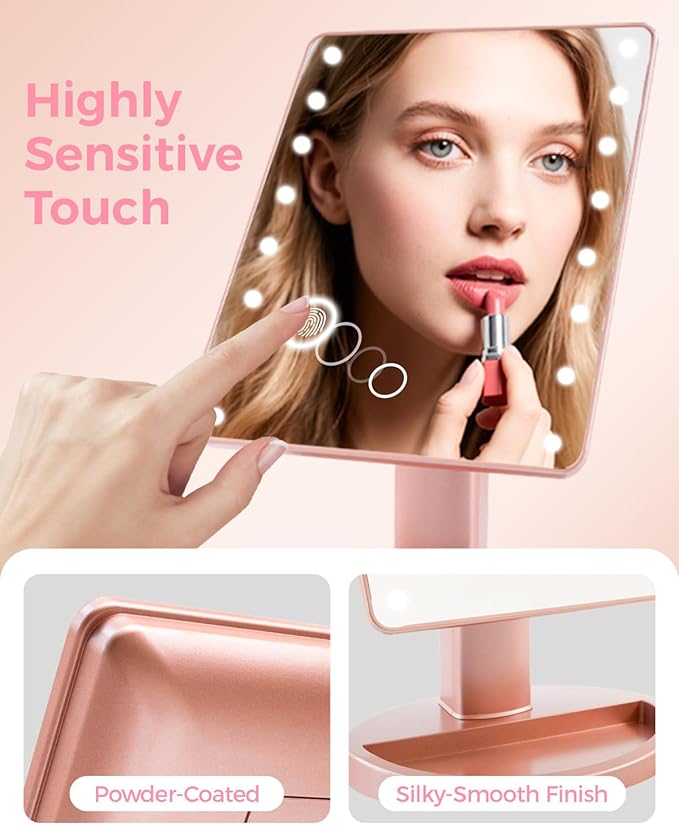 Lighted Makeup Mirror with Lights, Vanity Mirror with Lights, 16 LEDS Dimmable Desk Mirror with Light, Dual Power Supply, Gifts for Teenage Girls, Dorm Room Essentials for College Student (Rose Gold)