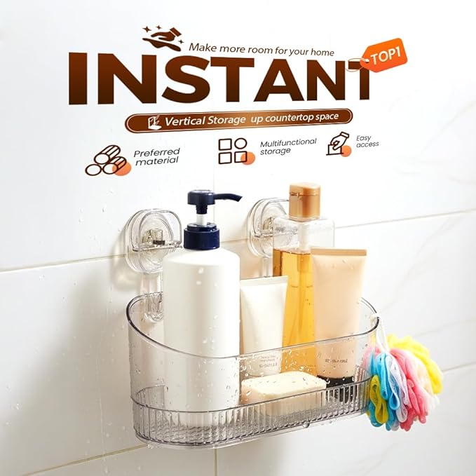 No-Drill Bathroom Suction Storage Box, 2026 New Corrugated Suction Cup Storage Holder,Powerful Suction Storage Box,Removable Hanging Storage Basket,Ripple Acrylic Wall Shelf (Clear)