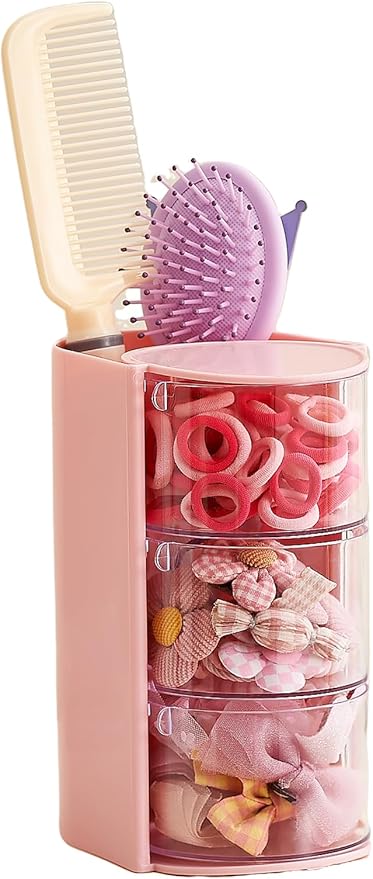 Hair Accessories Organizer with Hair Brush Holder, 3 Drawer Rotatable Hair Tie Organizer for Makeup Brushes, Hair Clips, Earrings, Necklaces, Bracelets and Hair Accessories, Pink, 3-Layer