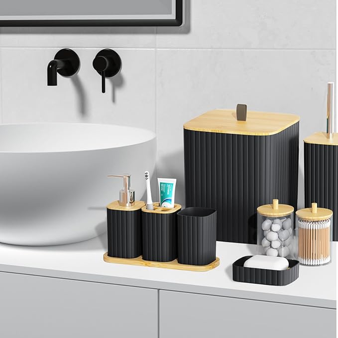 Bathroom Set - 9PCS Black Bathroom Accessories Set Toilet Brush Holder Set Soap Dispenser Decorative Countertop Bathroom Accessory Set with Trash Can Bathroom Decor Set for Home, Restroom