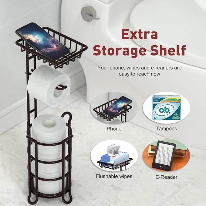 Toilet Paper Holder Stand Tissue Paper Roll Dispenser with Shelf for Bathroom Storage Holds Reserve Mega Rolls-Bronze