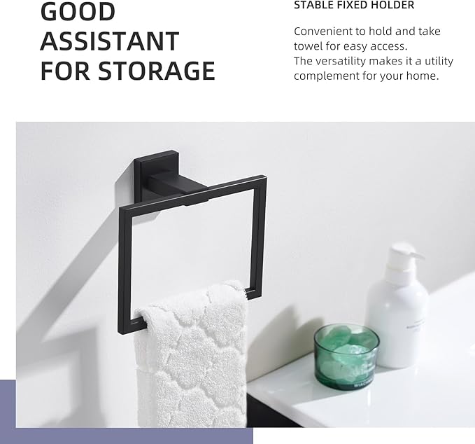 Angle Simple Towel Holder Matte Black, Stainless Steel Square Hand Towel Ring Rack Hanger for Bathroom Wall Mount, 7.09 Inches