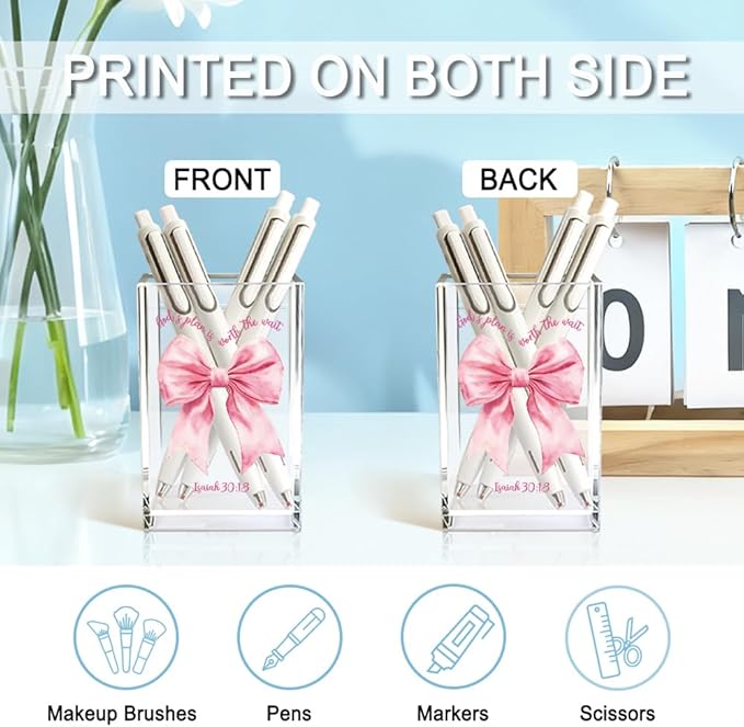 God's Plan is Worth The Wait Acrylic Cosmetic Holder, Pink Bow Clear Makeup Brush Holder Countertop, Storage Box for Makeup, Christian Bible Verses Birthday Gifts for Women Girlfriend Her