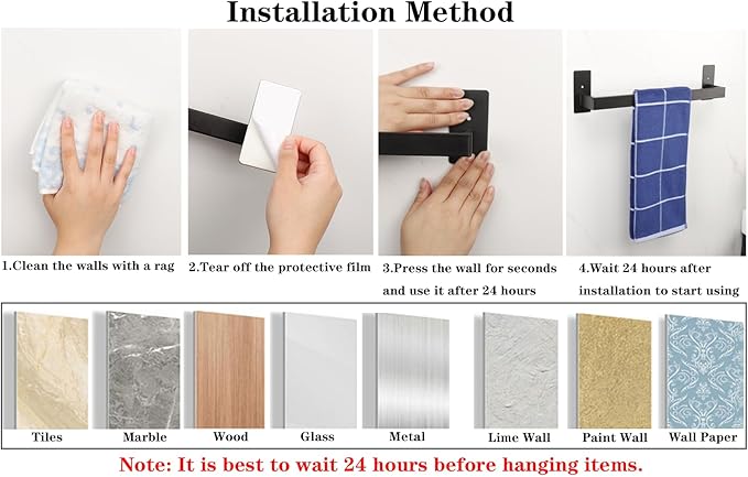 Bathroom Towel Bar Self Adhesive, No Drilling Towel Rack Easy to Install, Hand Towel Holder Made of Premium Stainless Steel Sticky on Hand Towel Hanger for Kitchen, Toilet.(16IN, Black)