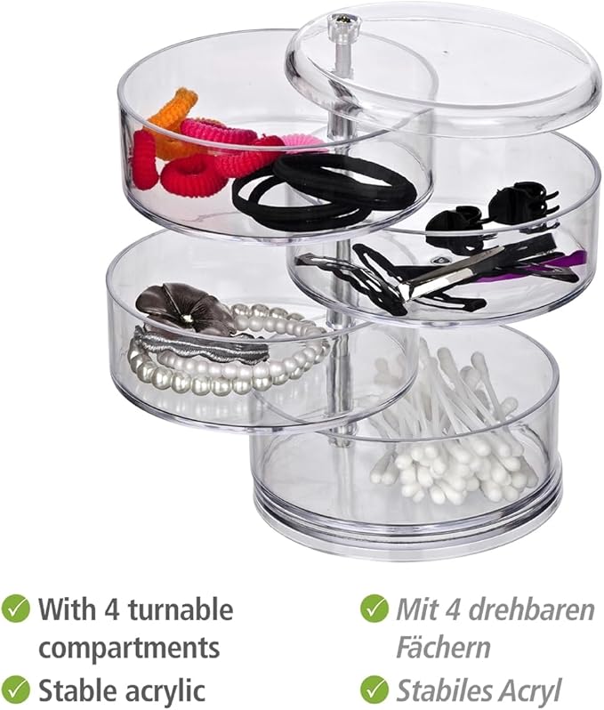 WENKO 20990100 Cosmetic organizer Tower Transparent - 4 compartments, Acrylic, 11.5 x 17.5 x 11.5 cm, Transparent