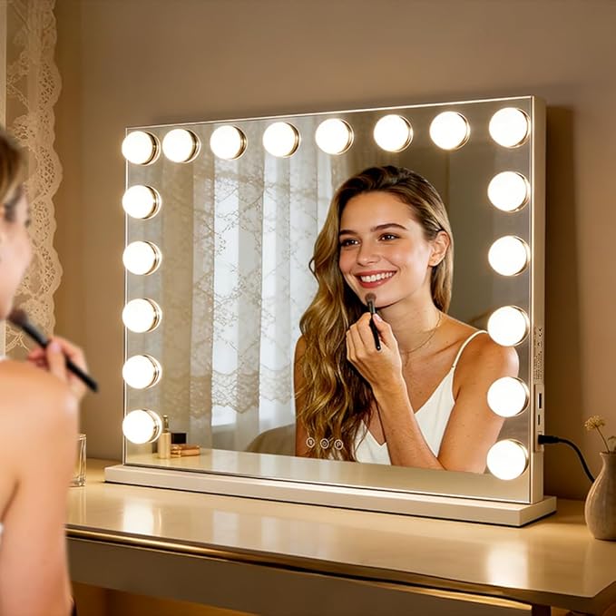 M MIVONDA Hollywood Vanity Mirror with 18 Bulbs Lights, Large Lighted Makeup Mirror for Desk and Wall, Dimmable 3 Lighting Modes, Plug-in & USB Charger Port, White