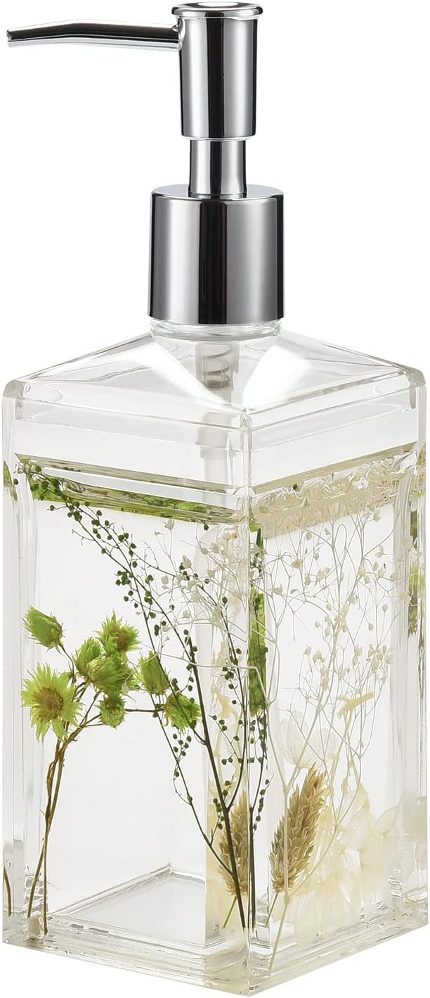 Locco Decor 4 Piece Acrylic Liquid 4D Floating Motion Bathroom Vanity Accessory Set Garden Botanic Green Plants Toothbrush Holder, Tumbler, Soap Dispenser, Soap Dish