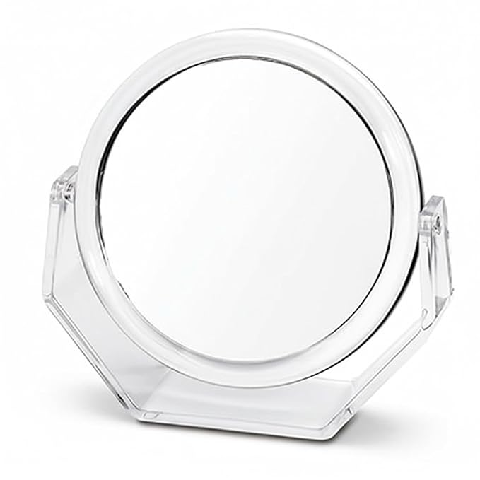 Danielle Creations Round Acrylic Vanity Mirror, Clear 1x/10x Magnifying Makeup Mirror with Soft Touch Stand, Tabletop Desk Bathroom Vanity Mirror, Portable Compact Mirror