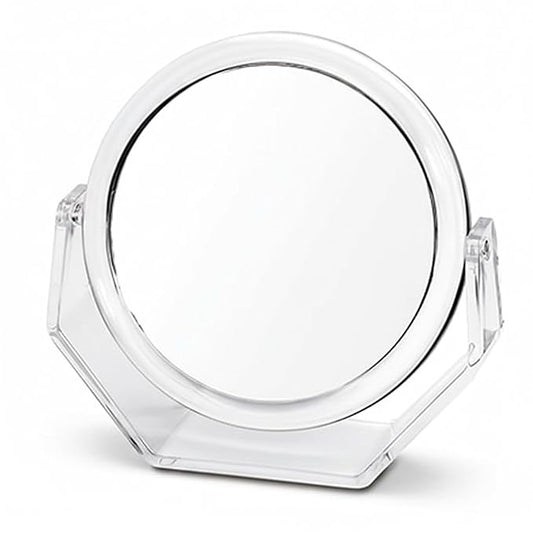 Danielle Creations Round Acrylic Vanity Mirror, Clear 1x/10x Magnifying Makeup Mirror with Soft Touch Stand, Tabletop Desk Bathroom Vanity Mirror, Portable Compact Mirror