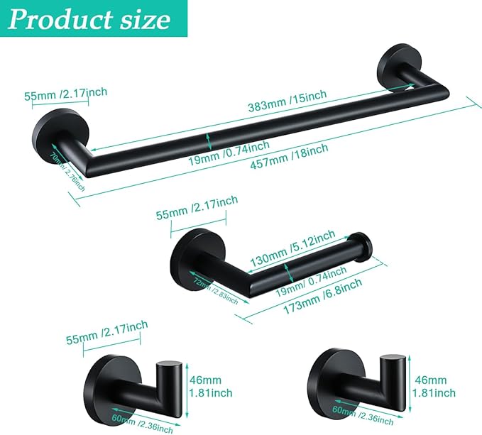 Matte Black 4 Pieces Bathroom Hardware Accessories Set with 18 Inch Towel Bar,Toilet Paper Holder,Towel Hooks,SUS 304 Stainless Steel Wall Mounted Bathroom Towel Bar Set,SE96018S-4MB