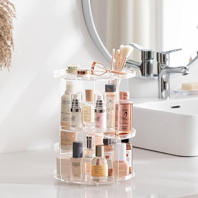 360 Rotating Makeup Organizer, Large Capacity DIY Adjustable Cosmetic Display Organizer, Spinning Perfume Skin Care Organizer for Vanity Countertop, Clear