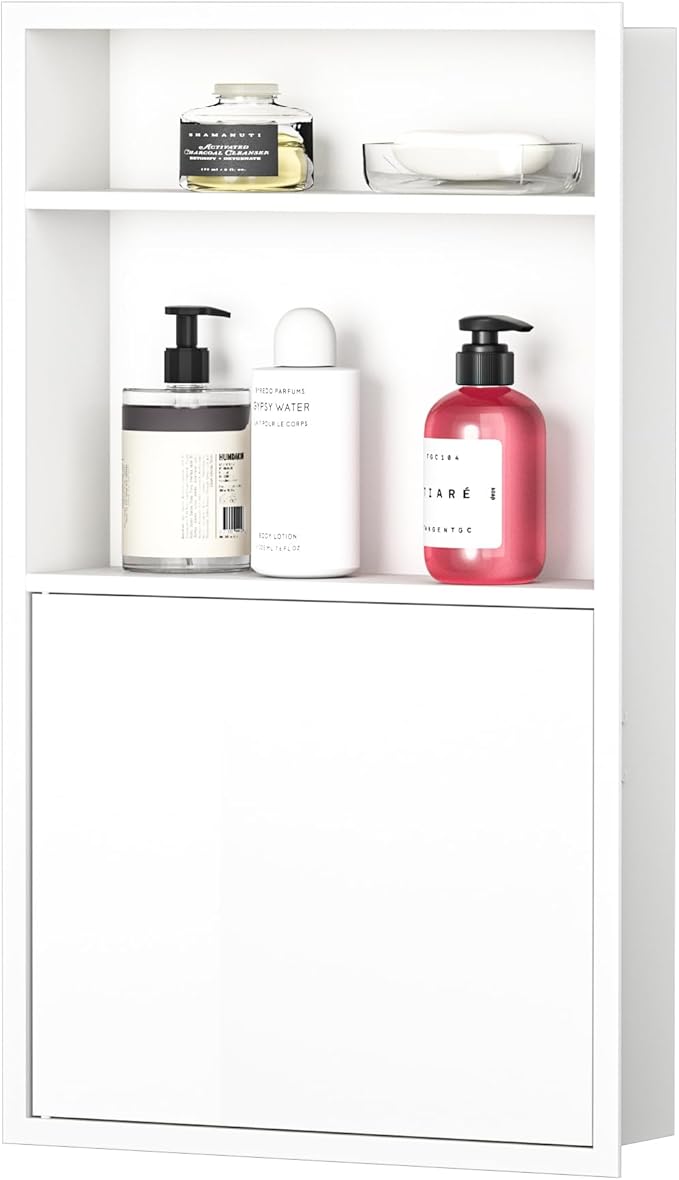 Recessed Medicine Cabinet with Door 24" X 14" White Wall Medicine Cabinets with 3-Tier Shelf 304 Stainless Steel Niche Shower for Bathroom Storage