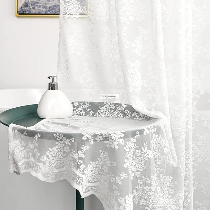 YJ YANJUN White Stall 36x72 Shower Curtain with Victoria Lace Narrow Attached Valance and Vintage Floral Small Sheer Shower Curtain for Bathroom or RV, Trend Fancy, White