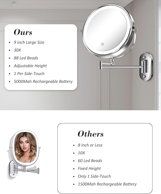 9'' 30X/1X Wall Mounted Lighted Makeup Mirror, Height Adjustable Double Sided 5000mAh Rechargeable Magnifying Bathroom Mirror with Light, 3 Color Modes Touch Dimmable Extended Arm 360 Rotation