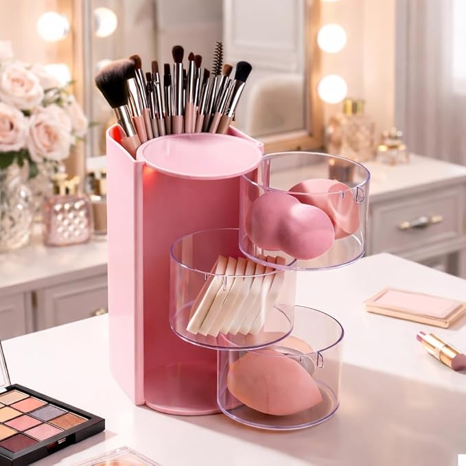 Hair Accessories Organizer with Hair Brush Holder, Rotating Makeup Brush Caddy for Girls Women, 3-Tier Clear Storage for Hair Clips, Ties, Jewelry & Necklaces, Pink