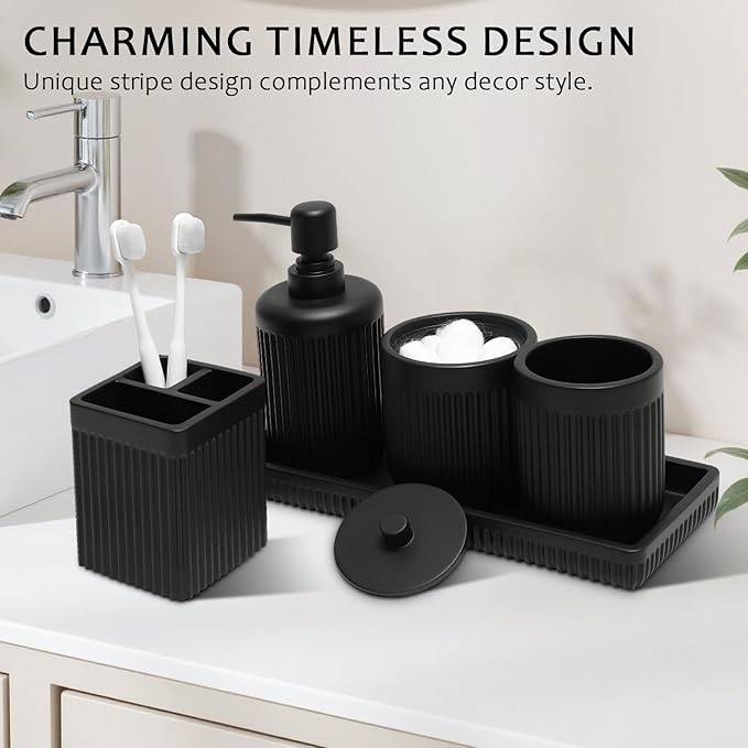 XLHOMO Matte Black Bathroom Sets with Shower Curtain and Rugs, 8-Piece Resin Bathroom Accessories Sets Complete, Soap Dispenser, Toothbrush Holder, Tumbler, Tray & Apothecary Jars Bathroom Essentials