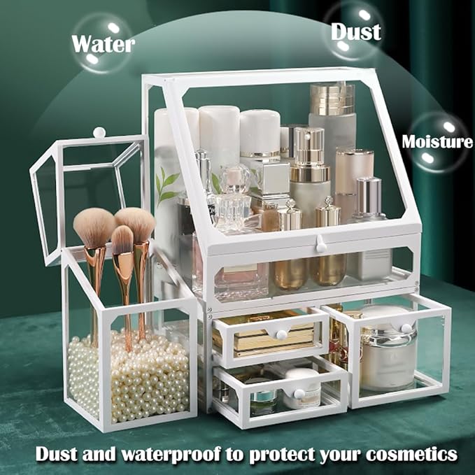 Glass Makeup Organizer Multi-Functional with Pearl Makeup Organizer with Drawers for Bathroom Vanity Organizer Skincare Lipstick Brushes