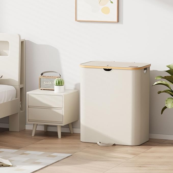 XLHOMO 160L Double Laundry Hamper with Lid, Dirty Clothes Hamper with 2 Removable Bags, Beige Laundry Hamper 2 section with Bamboo Handles Easy to Carry for Bedroom, Bathroom, Dorm, College