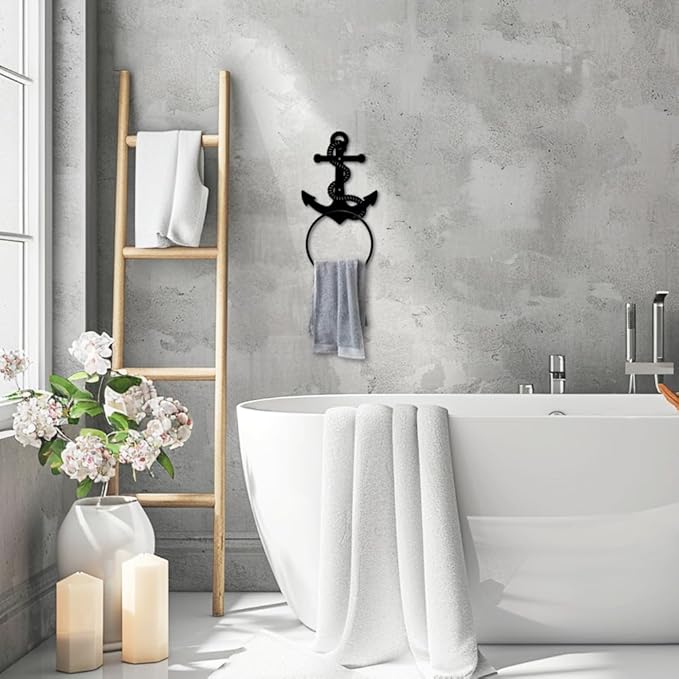 MAYJOYDIY Metal Towel Ring Boat Anchor Rope Metal Hand Towel Holder Vintage Nautical Theme Wall Mounted Rope Towel Rack Solid Anchor Towel Ring for Hanging Towel Home Bathroom Wall Decoration