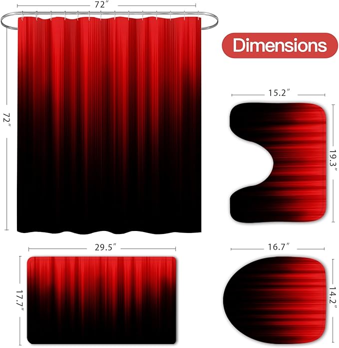 Litabel 4 Pcs Red and Black Gradient Shower Curtain Set with Rugs and Toilet Lid Cover, Modern Simple Waterproof Fabric Bathroom Set, Ombre Stripe Gothic Abstract Bathroom Decor Set Accessories