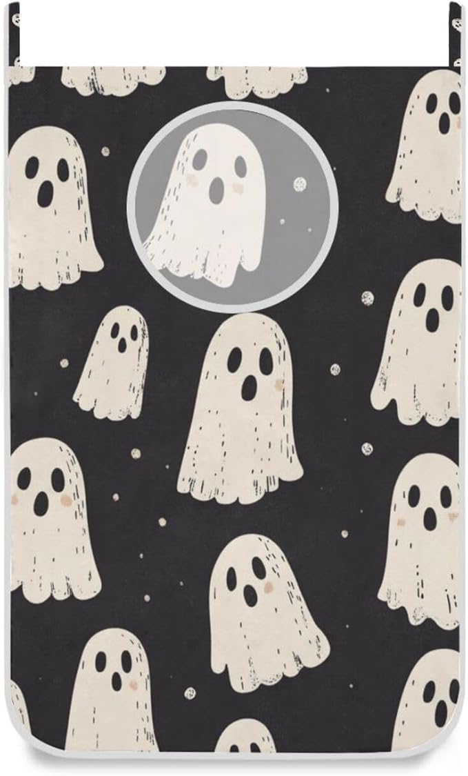 Cute Halloween Ghost Black Hanging Laundry Hamper Door Hampers Bag Basket with Stainless Steel Hooks Oxford Fabric Printing Decorative Clothes Bags 29.5X20inch 1Pack