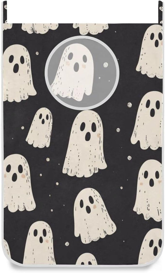 Cute Halloween Ghost Black Hanging Laundry Hamper Door Hampers Bag Basket with Stainless Steel Hooks Oxford Fabric Printing Decorative Clothes Bags 29.5X20inch 1Pack