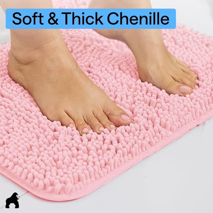 GORILLA GRIP Bath Rug Mat 44x26, Soft Absorbent Chenille, Quick Dry Microfiber Mats, Rubber Backing Washable Shower Floor Rugs, Bathmat Runner, US Designed Bathroom Home Decor Accessories Light Pink