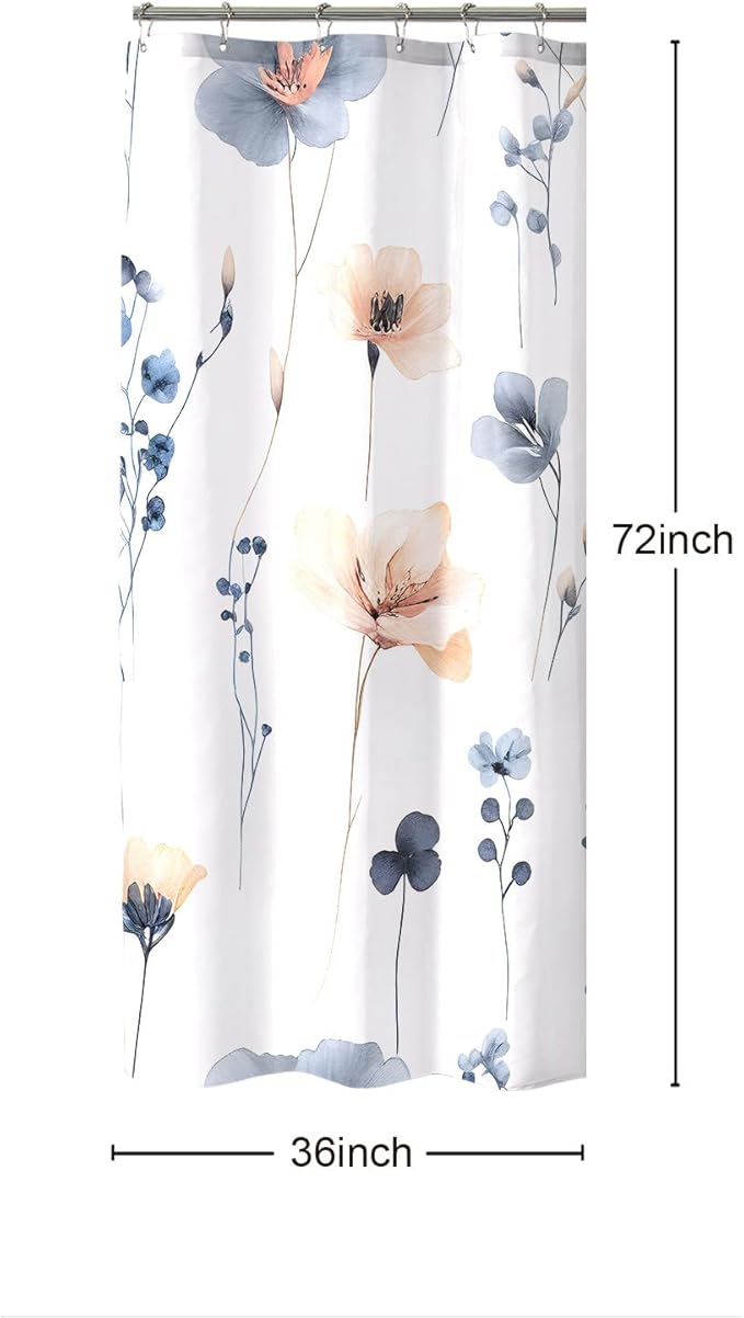 Blue Beige Floral Shower Curtain, Watercolor Flower Shower Curtains for Bathroom, Modern Minimalist Waterproof Fabric Bath Decoration 36x72 Inch
