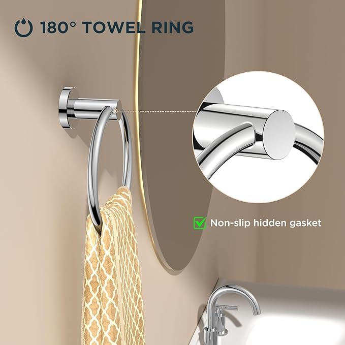 FORIOUS Towel Ring, SUS304 Stainless Steel Modern Hand Towel Holder Rack Hanger Round for Bathroom Wall Mounted, Ideal for Bath, Kitchen, RV, Chrome(2 Pack)