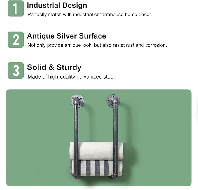 HouseAid Industrial Pipe Towel Rack, Farmhouse Bathroom Towel Storage Holder, Vintage Style Towel Organization, Wall Mounted, Antique Silver