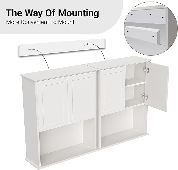 Bathroom Wall Cabinet Wooden with 2 Doors,Over the Toilet Storage Cabinet,Bathroom and Laundry Wall Mount Storage Medicine Cabinet with Open and Adjustable Shelf,Easy Assembly (Style A-2 PC, White)