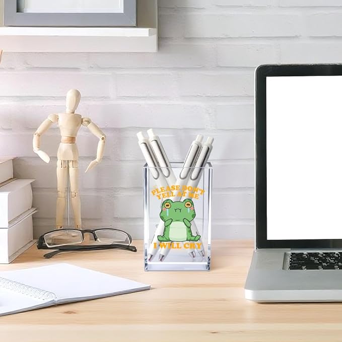 Please Don't Yell at Me I Will Cry Acrylic Cosmetic Pencil Pen Holder Cup, Funny Frog Desk Organizer Accessory for Home Office Decor, Frog Lover Gifts, Sarcastic Work Gifts for Coworker Teacher